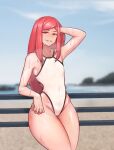  1girl arm_behind_head asymmetrical_bangs bangs blue_sky day geomim grin last_origin looking_at_viewer night_angel_(last_origin) one-piece_swimsuit outdoors red_eyes red_hair sky smile solo swimsuit thick_thighs thighs wet white_swimsuit wide_hips 