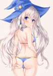  1girl absurdres ass ass_grab back bangs barefoot bikini blue_bikini blue_eyes blue_headwear blush breasts closed_mouth commission deogho_(liujinzy9854) eyebrows_visible_through_hair grabbing_own_ass grey_hair hair_between_eyes hair_ribbon hat hat_ribbon highres korean_commentary long_hair looking_at_viewer looking_back original ribbon shoulder_blades sidelocks simple_background small_breasts solo standing swimsuit thigh_gap thighs very_long_hair witch witch_hat 