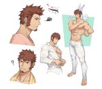  00047 1boy ? abs bara bare_pectorals barefoot blue_eyes brown_hair closed_mouth cross_scar facial_hair fate/grand_order fate_(series) fou_(fate) goatee highres large_pectorals long_sideburns male_focus multiple_views muscular muscular_male napoleon_bonaparte_(fate) navel nipples open_mouth pants partially_unbuttoned pectorals scar scar_on_chest short_hair sideburns solo towel towel_around_neck white_pants 