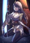  1girl absurdres blush braid braided_ponytail breasts cleavage genshin_impact groin heiyulingkong highres holding holding_sword holding_weapon japanese_clothes kimono large_breasts long_hair purple_eyes purple_hair raiden_shogun solo sword thighhighs weapon wide_sleeves 