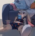  2022 3_toes 4_fingers anthro boy_shorts bra carrot chopsticks clothed clothing coffee_mug container controller cup cup_noodles disney english_text eyelashes feet female fingers food furniture half-closed_eyes holding_controller holding_cup holding_object holding_remote_control judy_hopps lagomorph leporid mammal midriff mug narrowed_eyes noodles pillow plant plushie popodunk print_clothing print_underwear purple_eyes rabbit ramen remote_control signature slouching sofa solo text toes tv_remote underwear vegetable zootopia 