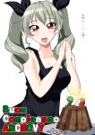  1girl :d anchovy_(girls_und_panzer) bangs birthday_cake black_dress black_ribbon cake commentary dated dress drill_hair eyebrows_visible_through_hair food girls_und_panzer green_hair hair_ribbon happy_birthday highres ichijou_takakiyo italian_text long_hair looking_at_viewer open_mouth own_hands_together red_eyes ribbon simple_background sleeveless sleeveless_dress smile solo translated twin_drills twintails white_background 