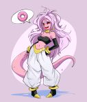  2021 absurd_res alien alien_humanoid bottomwear breasts clothing delux dessert doughnut dragon_ball_fighterz female fingers food footwear hair hi_res humanoid humanoid_pointy_ears long_hair majin_android_21 navel not_furry open_mouth pants pictographics pink_body pink_skin red_eyes simple_background solo speech_bubble teeth video_games 