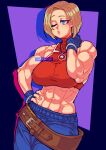  abs belt blonde_hair blue_eyes blue_mary breasts cottonwings fatal_fury hand_on_back muscular muscular_female short_hair sigh signature the_king_of_fighters 