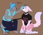  anthro antoszowa bottomwear canid canine canis clothing collar colored denim denim_clothing dominant dominant_male duo ear_piercing ear_ring female head_pat hi_res jeans kneeling leash male male/female mammal pants petplay piercing pink_body roleplay sketch skirt smile submissive submissive_female wolf 