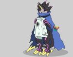  anthro bandai_namco black_body black_sclera bodily_fluids cape claws clothing coat crying digimon digimon_ghost_game grusgammamon horn lab_coat male solo stinger stinger_tail talons tears topwear tzoe611 