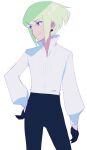  1boy 723_(tobi) androgynous ascot black_gloves dress_shirt gloves green_hair half_gloves highres lio_fotia male_focus no_jacket promare purple_eyes shirt solo undershirt 