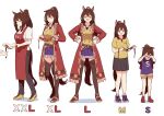  1girl absurdres age_progression animal_ears apron blue_eyes blue_shirt boots brown_hair coat crying domino_mask el_condor_pasa_(umamusume) hands_on_hips highres horse_ears horse_girl horse_tail laughing mask mask_removed petoka pleated_skirt ponytail red_coat shirt skirt smile tail thigh_boots thighhighs umamusume white_background white_shirt yellow_shirt 
