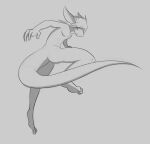  anthro black_and_white giru_(artist) guide_lines hair hi_res looking_at_viewer looking_back looking_back_at_viewer male monochrome nude one_leg_up raised_leg scalie sketch solo suspended_in_midair unknown_character unknown_species 