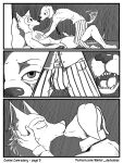  3:4 anthro balls beastars bed bird_dog bulge canid canine canis clothed clothing comic digital_media_(artwork) domestic_dog duo erection french_kissing fur furniture genitals hi_res humanoid_genitalia hunting_dog jack_(beastars) kissing labrador legoshi_(beastars) male male/male mammal monochrome necktie nude on_bed penis retriever simple_background smile tail_motion tailwag text topwear wintersink wolf 