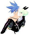  2boys 723_(tobi) :t animal_ears black_gloves black_jacket blue_eyes blue_hair carrying earrings galo_thymos gloves green_hair half_gloves jacket jewelry lio_fotia mad_burnish male_focus multiple_boys pout princess_carry promare purple_eyes rabbit_ears sidecut smile spiked_hair topless_male 