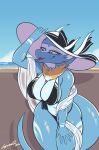  anthro big_breasts bikini breasts cleavage clothed clothing dragon female hat headgear headwear hi_res lyorenth-the-dragon multicolored_body solo swimwear two_tone_body 