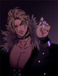  1boy blonde_hair bracelet choker dio_brando earrings fabulous fang feather_collar highres jewelry jojo_no_kimyou_na_bouken jonya long_hair male_focus pectoral_cleavage pectorals red_eyes ring scar scar_on_neck solo stardust_crusaders stitches wristband 