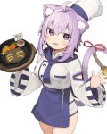  1girl :d ahoge animal_ear_fluff animal_ears apron bangs bell blue_apron breasts cat_ears cat_girl cat_tail chef_hat commentary_request eyebrows_visible_through_hair food hair_between_eyes hands_up hat highres holding hololive long_sleeves medium_breasts nekomata_okayu purple_eyes purple_hair red_ribbon ribbon seramikku shirt simple_background sleeves_past_wrists smile solo tail tail_bell tail_ornament tail_raised tail_ribbon virtual_youtuber waist_apron white_background white_headwear white_shirt wide_sleeves 
