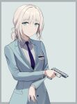  1girl absurdres an-94_(girls&#039;_frontline) aqua_eyes aqua_jacket bangs blazer blonde_hair blue_necktie closed_mouth eyebrows_visible_through_hair girls&#039;_frontline gun handgun highres holding holding_gun holding_weapon id_card jacket long_hair looking_at_viewer necktie official_alternate_costume pistol shirt simple_background solo the_void_to_fly upper_body weapon white_shirt 
