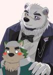  9dtq0 absurd_res anthro bandanna blush borealis_(live-a-hero) bow_tie canid canine canis clawed_fingers clothing domestic_dog duo eyebrows eyewear fur green_body green_fur hi_res kerchief lifewonders live-a-hero male male/male mammal mokdai monocle polar_bear ring size_difference suit thick_eyebrows ursid ursine video_games 