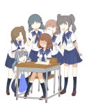  6+girls arm_behind_back bag black_hair blue_hair blue_legwear blue_skirt braid brown_hair covered_eyes desk friends highres holding holding_paper joyfull_(terrace) light_blue_hair loafers long_hair multiple_girls paper sailor_collar school_desk school_uniform serafuku shoes short_hair side_braid side_ponytail sitting skirt smile touhou twintails 