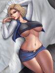  1girl android_18 ass bed bed_sheet belt blonde_hair blue_eyes breasts cleavage clothes_lift curvy denim dragon_ball flowerxl large_breasts looking_at_viewer lying mature_female navel on_back seductive_smile shirt_lift short_hair skirt smile solo striped_sleeves 