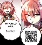  2girls bangs bun_cover colored_sclera eyes_visible_through_hair hair_between_eyes highres horns ibaraki_douji&#039;s_arm ibaraki_kasen looking_at_viewer meme multiple_girls my_child_will_(meme) no_pupils open_mouth pink_eyes pink_hair pointy_ears qr_code short_hair smile sunnysideup thought_bubble touhou upper_body yellow_sclera 