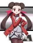  1girl absurdres alternate_costume brown_hair highres index_finger_raised jersey long_hair pokemon pokemon_(game) pokemon_rse red_eyes roxanne_(pokemon) shabana_may shorts solo thighhighs twintails 