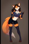  2021 4_toes 5_fingers absurd_res anthro begonia_z black_hair breasts canid canine clothed clothing collar digital_media_(artwork) eyebrows eyelashes feet female fingers fox hair hi_res looking_at_viewer mammal midriff navel smile solo toes 
