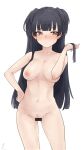  1girl ass_visible_through_thighs bangs bar_censor berserkert black_hair blunt_bangs blunt_ends blush breasts brown_eyes censored closed_mouth eyebrows_visible_through_hair female_pubic_hair hand_on_hip hand_up highres holding holding_hair idolmaster idolmaster_shiny_colors legs_apart light_frown long_hair looking_away mayuzumi_fuyuko medium_breasts navel nipples nude pointless_censoring pubic_hair pussy simple_background solo sweatdrop thighs 