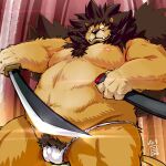  1:1 2016 anthro asian_clothing bulge clothing cute_fangs east_asian_clothing felid fundoshi humanoid_hands japanese_clothing kemono lion male mammal moobs nipples overweight overweight_male pantherine solo totemoii_029 underwear weapon white_clothing white_fundoshi white_underwear 