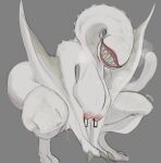  2022 anthro areola big_breasts biped bodily_fluids breasts capcom claws crouching digital_media_(artwork) digitigrade eyeless female finger_claws flying_wyvern genital_fluids genitals grey_background grin hi_res huge_breasts khezu lvlirror membrane_(anatomy) membranous_wings monster_hunter nipple_piercing nipple_ring nipples piercing pussy pussy_juice saliva sharp_teeth simple_background smile solo sweat teeth video_games white_body white_skin winged_arms wings 