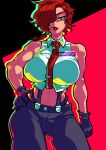  breasts cottonwings hair_over_one_eye hand_on_hip looking_at_viewer mature_female muscular muscular_female red_eyes red_hair signature the_king_of_fighters vanessa_(kof) 