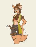  anthro armor belt blue_eyes bronze_(metal) brown_hair canid canine canis clothing coat domestic_dog female fur gun hair hand_on_hip hi_res humanoid mammal matt_the_rain melee_weapon orange_body orange_fur ranged_weapon smile solo spats sword tight_clothing topwear weapon 