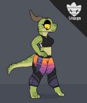  amber_(squablodecomplash) anthro black_clothing bottomwear bra breasts clothed clothing design_(disambiguation) designer_clothes digital_media_(artwork) eyelashes eyeshadow facial_markings female gradient_clothing green_body green_scales head_markings horn horn_markings kobold leggings legwear makeup markings multicolored_body multicolored_tail purple_clothing sabiba_(squablodecomplash) scales scalie simple_background smile solo squablodecomplash standing tail_markings text tight_clothing topwear underwear yellow_eyes 