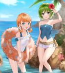  2girls adapted_costume annette_fantine_dominic bare_shoulders bikini blue_eyes blue_sky breasts cloud collarbone covered_navel day eyebrows_visible_through_hair fire_emblem fire_emblem:_three_houses flower hair_flower hair_ornament haru_(nakajou-28) hibiscus innertube looking_at_viewer midriff miniskirt multiple_girls navel nino_(fire_emblem) ocean one-piece_swimsuit open_mouth orange_hair outdoors palm_tree partially_submerged red_flower rock shore short_twintails skirt sky small_breasts smile starfish strapless sunlight swimsuit tree twintails water white_bikini white_swimsuit wristband 