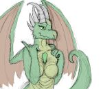  2011 anthro bittertooth breasts chest_spike colored_sketch dragon female green_body green_eyes green_scales horn scales simple_background sketch solo spikes spikes_(anatomy) wings 
