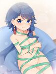  1girl absurdres arms_under_breasts bean_bag_chair blue_eyes blue_hair braid breasts commentary_request earrings hair_ornament hairclip highres indie_virtual_youtuber jewelry long_hair looking_at_viewer low_ponytail medium_breasts naked_ribbon navel nude ribbon shiraha_maru single_sidelock sitting smile solo tassel tassel_earrings very_long_hair virtual_youtuber 