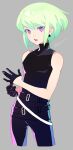  1boy 723_(tobi) adjusting_clothes adjusting_gloves androgynous bare_shoulders belt black_gloves earrings gloves green_hair half_gloves highres jewelry lio_fotia male_focus multiple_belts promare purple_eyes sleeveless sleeveless_turtleneck solo turtleneck 