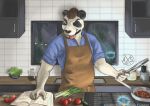  alphasabre anthro appliance apron beef blue_clothing blue_shirt blue_topwear chili_pepper clothed clothing cooking cookware food fruit frying_pan giant_panda inside kitchen kitchen_utensils looking_at_viewer male mammal meat one_eye_closed pepper_(fruit) plant rolled_up_sleeves ronardo_tenchin shirt solo spring_onion steak stove tomato tongue tongue_out tools topwear ursid vegetable wink winking_at_viewer 