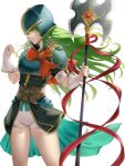  1girl armor blue_armor breastplate fingerless_gloves fire_emblem fire_emblem:_path_of_radiance fire_emblem:_radiant_dawn floating_hair gloves green_eyes green_hair haru_(nakajou-28) helmet highres holding holding_weapon long_hair looking_away nephenee_(fire_emblem) polearm scarf short_shorts short_sleeves shorts simple_background solo spear weapon white_background white_gloves white_shorts wind wind_lift 