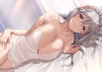  1girl amasora_taichi bangs bare_shoulders bed_sheet breasts cleavage closed_mouth frilled_hairband frills hair_between_eyes hairband hand_on_own_thigh large_breasts looking_at_viewer lying nightgown on_side original silver_hair smile strap_slip thighs 