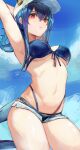  1girl arknights arm_up armpits bangs baseball_cap bikini blue_bikini blue_hair blue_sky breasts ch&#039;en_(arknights) ch&#039;en_the_holungday_(arknights) cowboy_shot day dragon_girl dragon_horns dragon_tail eyebrows_behind_hair gnai hat highres horns horns_through_headwear large_breasts long_hair navel open_clothes open_fly open_shorts outdoors parted_lips red_eyes short_shorts shorts sky solo stomach swimsuit tail thighs underboob white_headwear white_shorts 