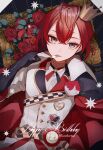 1boy absurdres blue_eyes crown flower fork head_rest head_tilt heart highres kenpin looking_at_viewer pale_skin red_hair riddle_rosehearts rose school_uniform sitting solo throne twisted_wonderland utensil_in_mouth 