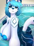  absurd_res anthro areola big_breasts blue_hair breasts butt canid canine chasm-006 female hair hi_res mammal nipples solo swimming_pool water 