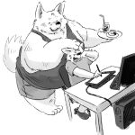  2017 anthro bodily_fluids bottomwear canid canine canis clothing computer crying domestic_dog drawing duo eyes_closed humanoid_hands kemono male mammal overweight overweight_male shirt shorts sitting tablet tears topwear totemoii_029 