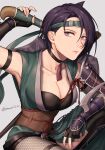  1girl absurdres alternate_costume arm_up armlet armor armpits asymmetrical_legwear belt belt_buckle black_belt black_choker black_gloves black_hair black_legwear black_shorts breasts buckle choker cleavage closed_mouth collarbone commentary expressionless fingerless_gloves fingernails fire_emblem fire_emblem:_three_houses fire_emblem_heroes fishnet_legwear fishnets forehead_protector gloves grey_background highres holding holding_weapon japanese_armor japanese_clothes large_breasts lips looking_at_viewer ninja obi official_alternate_costume peach11_01 purple_eyes sash shamir_nevrand short_hair short_shorts shorts shoulder_armor simple_background sleeveless solo squatting twitter_username weapon 