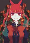  1girl adapted_costume animal_ears bow bowtie braid bright_pupils cat_ears dark_background floral_background flower juliet_sleeves kaenbyou_rin light_smile long_sleeves looking_at_viewer poppy_(flower) puffy_sleeves purasu_(76523) red_bow red_bowtie red_eyes red_flower red_hair simple_background solo touhou twin_braids twintails upper_body 