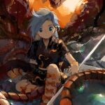  1girl bangs black_shirt black_skirt bow bug cave centipede closed_mouth grey_eyes grey_hair himemushi_momoyo kaigen_1025 knee_up long_hair looking_at_viewer multiple_bows orange_bow shirt short_sleeves sitting skirt touhou 