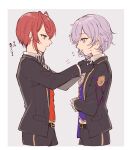  2boys androgynous blue_eyes bow epel_felmier highres kenpin looking_at_another looking_to_the_side multiple_boys necktie pale_skin purple_hair red_hair ribbon riddle_rosehearts striped twisted_wonderland tying_tie 