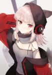  1girl animal_ear_fluff animal_ears arknights arm_behind_head arm_up bangs bare_shoulders behind-the-head_headphones black_headwear breasts cleavage eyebrows_visible_through_hair frostleaf_(arknights) grey_background grey_hair grey_shirt headphones jacket long_hair looking_at_viewer off-shoulder_shirt off_shoulder open_clothes open_jacket parted_lips red_eyes red_jacket shirt simple_background small_breasts solo tail toufu_mentaru_zabuton upper_body 