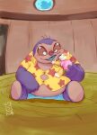  alien anthro belly bottomwear canid canine canis clothing disney domestic_dog duo embrace eyes_closed hug jumba_jookiba kemono kweltikwan lilo_and_stitch male mammal overweight overweight_male shirt shorts sitting size_difference topwear totemoii_029 