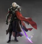  1boy armor belt belt_buckle black_choker breastplate buckle cape choker closed_mouth fantasy glowing glowing_sword glowing_weapon highres holding holding_sword holding_weapon knight long_hair male_focus original painterly pauldrons purple_eyes red_cape shoulder_armor solo standing sword taak_choi vambraces weapon white_hair 
