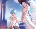  1boy 1girl absurdres aoi_(ctsj4437) aunt_and_nephew backless_dress backless_outfit bangs blue_eyes blue_hair braid braided_ponytail breasts chongyun_(genshin_impact) cleavage cloud cloudy_sky dress earrings food genshin_impact hair_over_one_eye hat highres holding jewelry lipstick long_bangs long_hair looking_at_another makeup one_eye_covered open_mouth picnic_basket popsicle reflection shenhe_(genshin_impact) shirt shorts sitting sky sun_hat sundress tassel tassel_earrings 